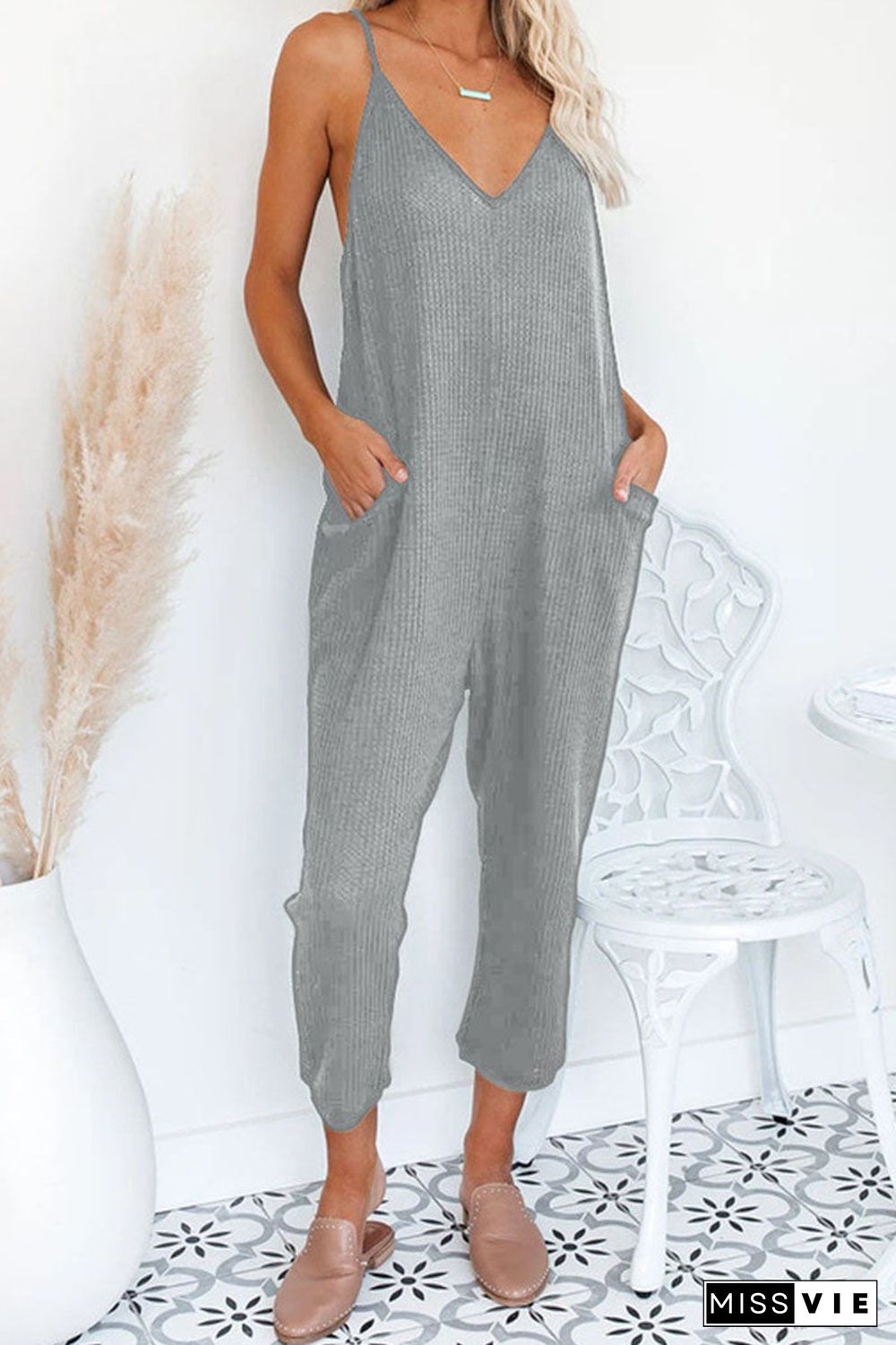 Fashion Street Solid Pocket V Neck Loose Jumpsuits(4 Colors)