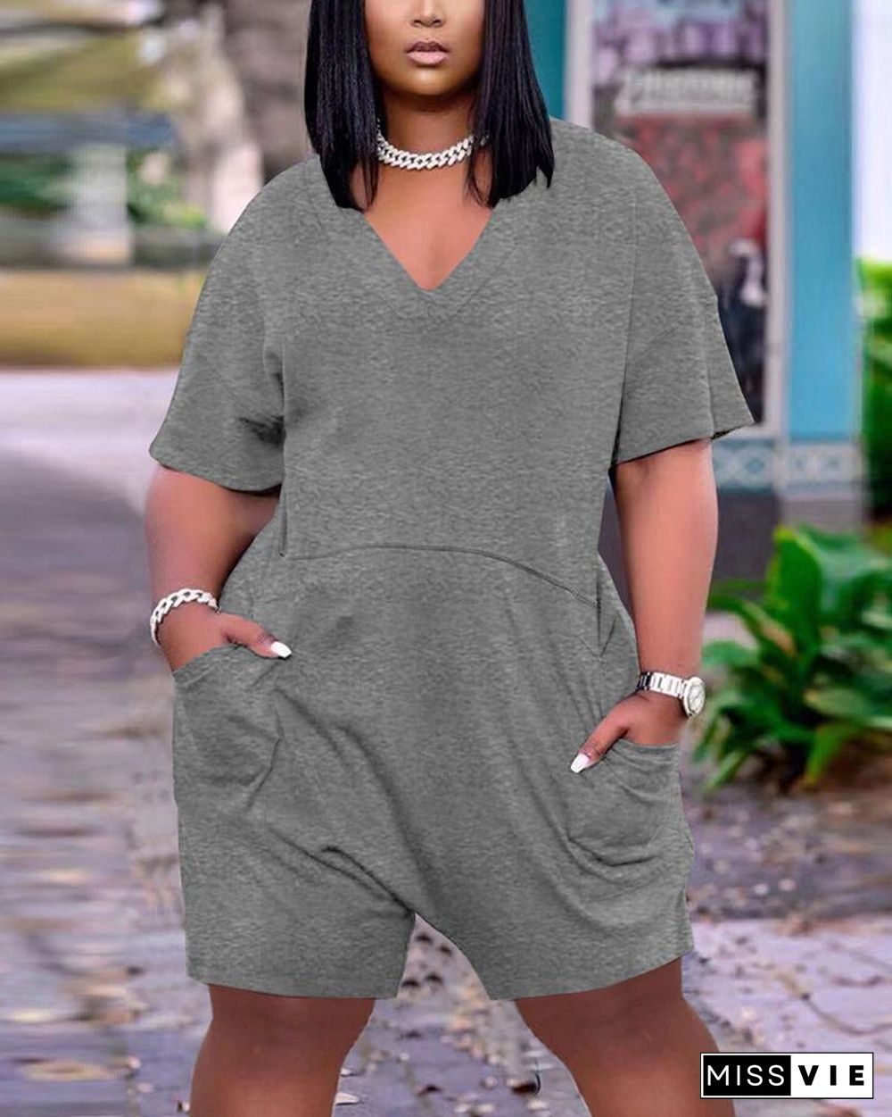 Solid Pocket Front Romper