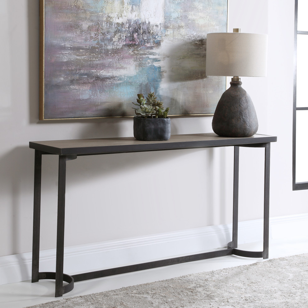 Lodge Stirrup Console Table Steel Wood Minimalist Oak Iron Rustic   Industrial   Console Tables   by My Swanky Home  Houzz