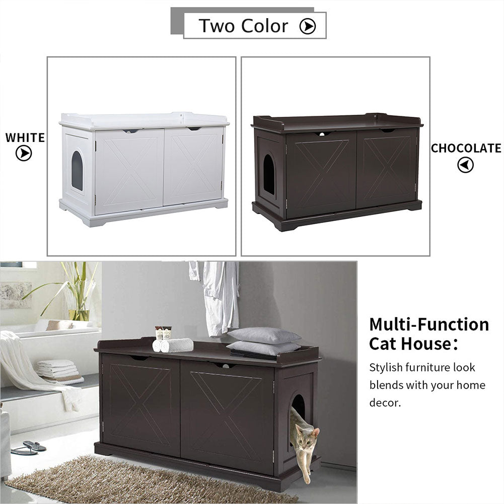 Wooden Indoor Cat Litter Box Enclosure Cabinet， Furniture Side Table Storage Bench for Living Room