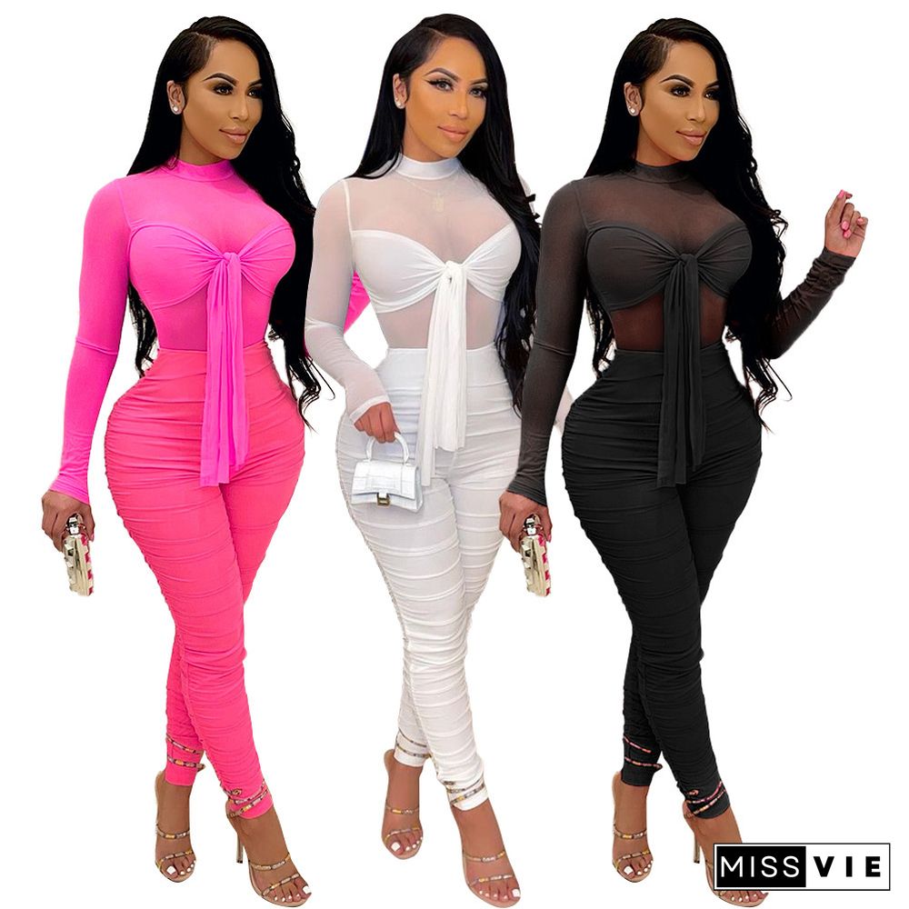 Solid Color Sexy Stitching Straps Long-sleeved Jumpsuit