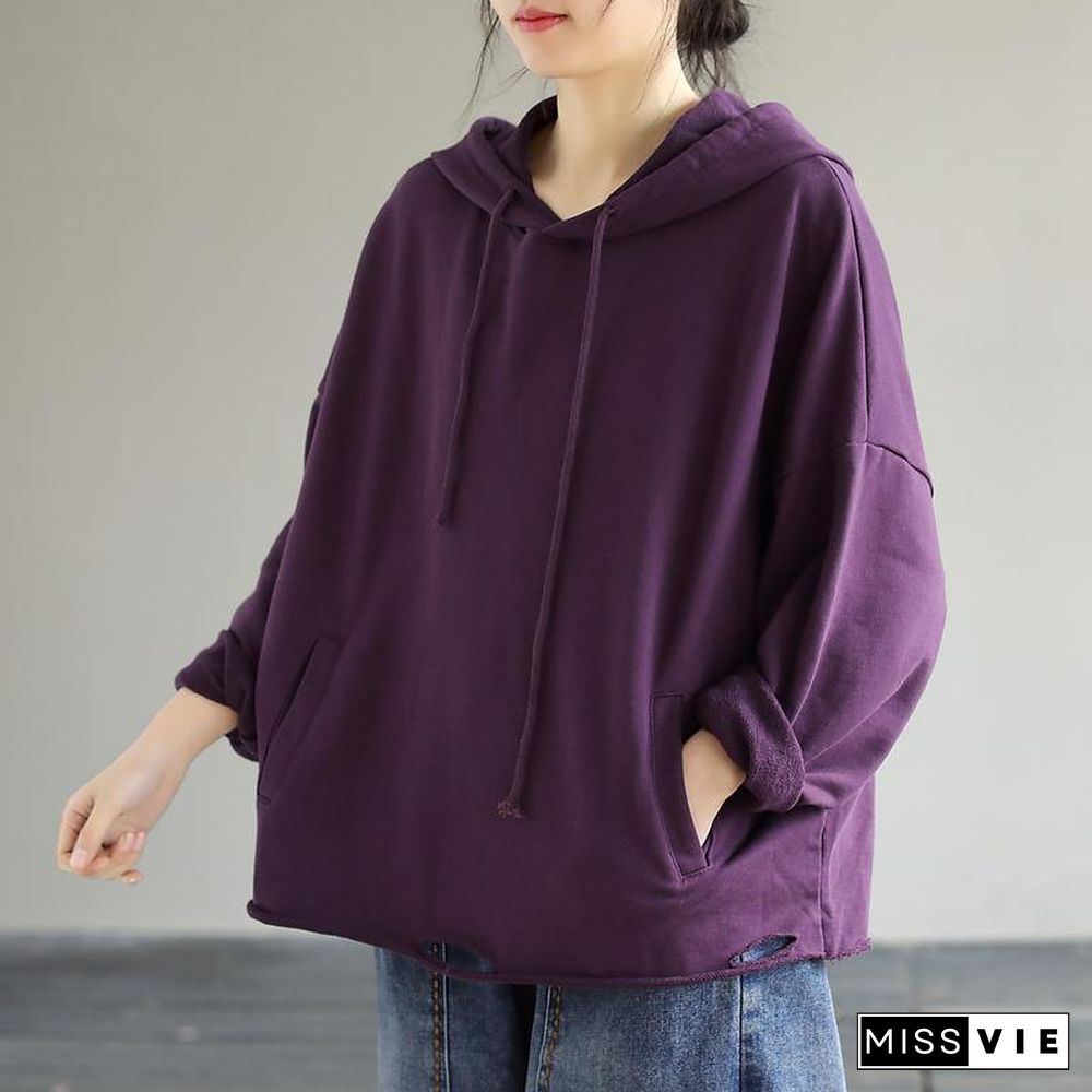 Women Hooded Hole Spring Top Silhouette Photography Purple Blouses