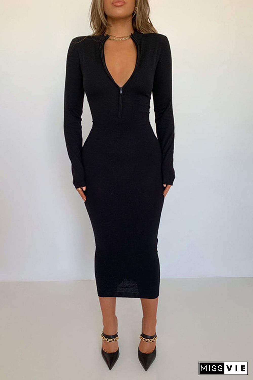 Plain Zipper Down Midi Bodycon Dress