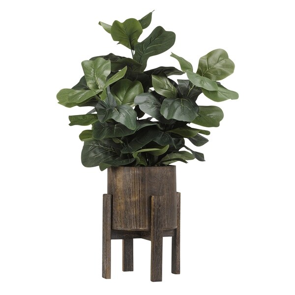 DandW Silks Fiddle Leaf Fig Branches in Round Rustic Wood Planter with Stand