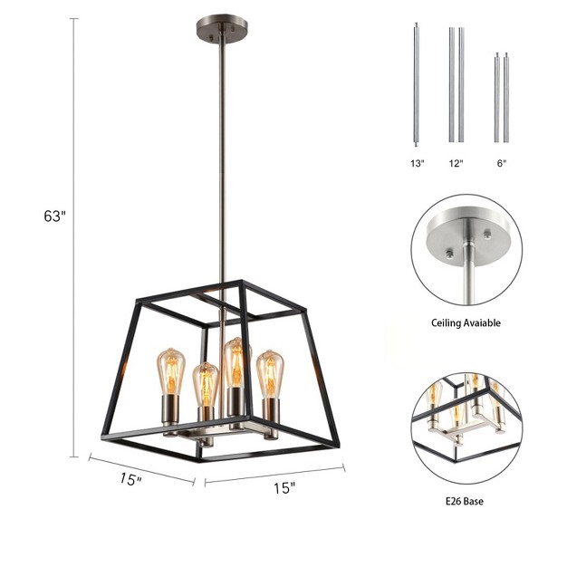 Defong 4 Light Pendant Lighting Industrial Ceiling Light Black Lantern Chandelier Adjustable Height For Kitchen Island Bedroom Or Entryway