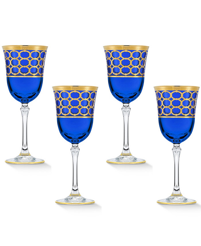 Lorren Home Trends Cobalt Blue White Wine Goblet with Gold-Tone Rings Set of 4