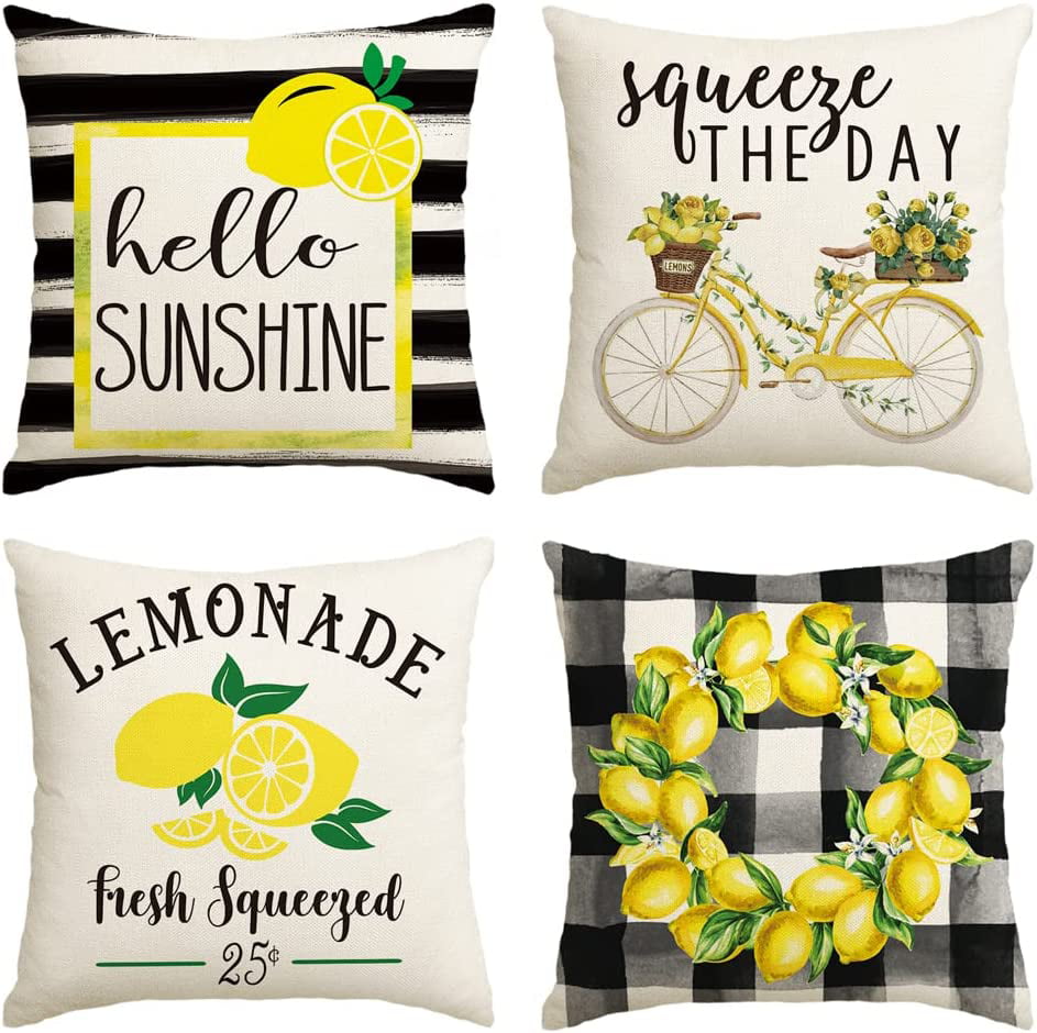 Artoid Mode Lemon Wreath Bicycle Hello Sunshine Buffalo Plaid Summer Pillow Covers 18 x 18 Set of 4, Farmhouse Cushion Case for Sofa Couch