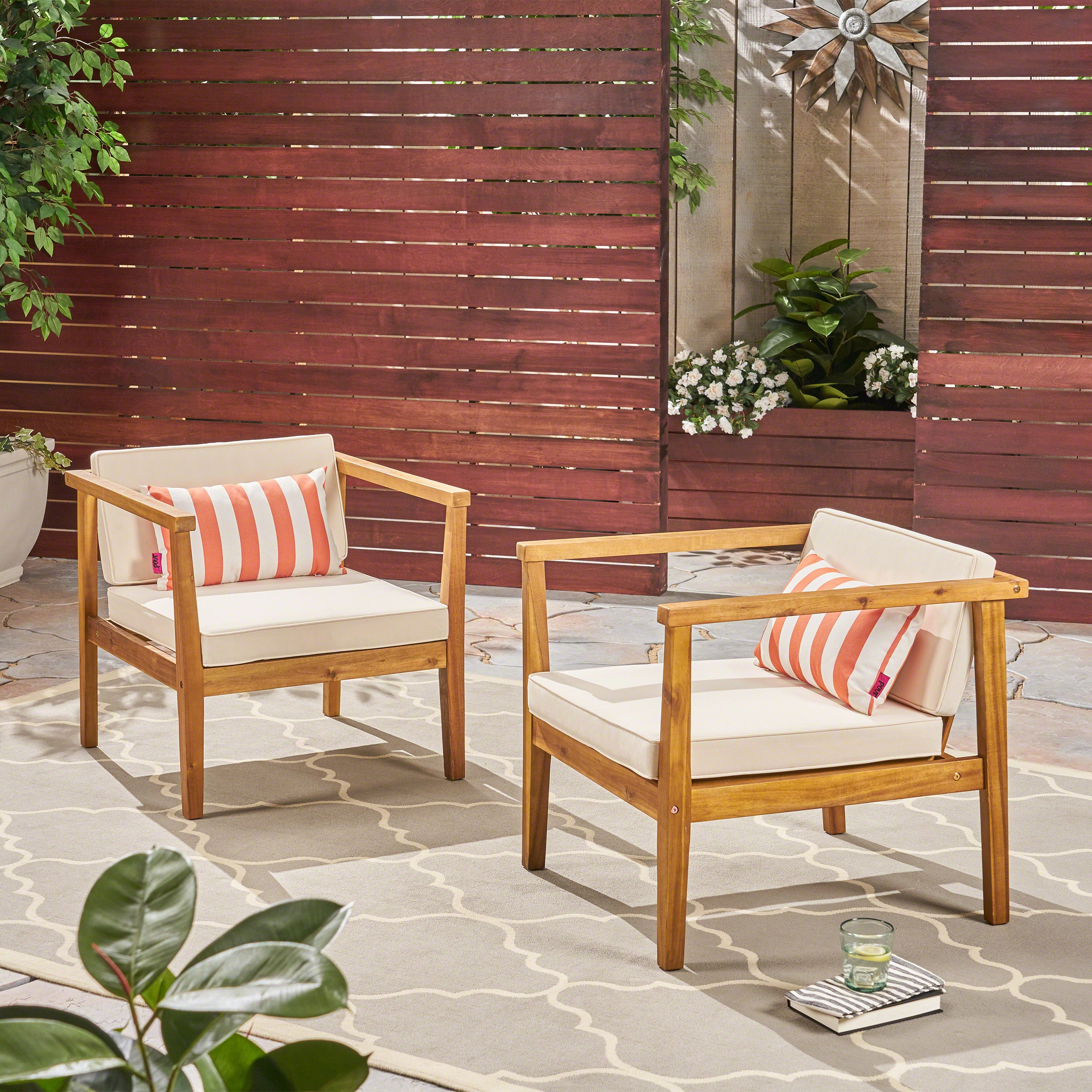 Thomson Outdoor Acacia Wood Club Chairs with Water-Resistant Cushions (Set of 2)