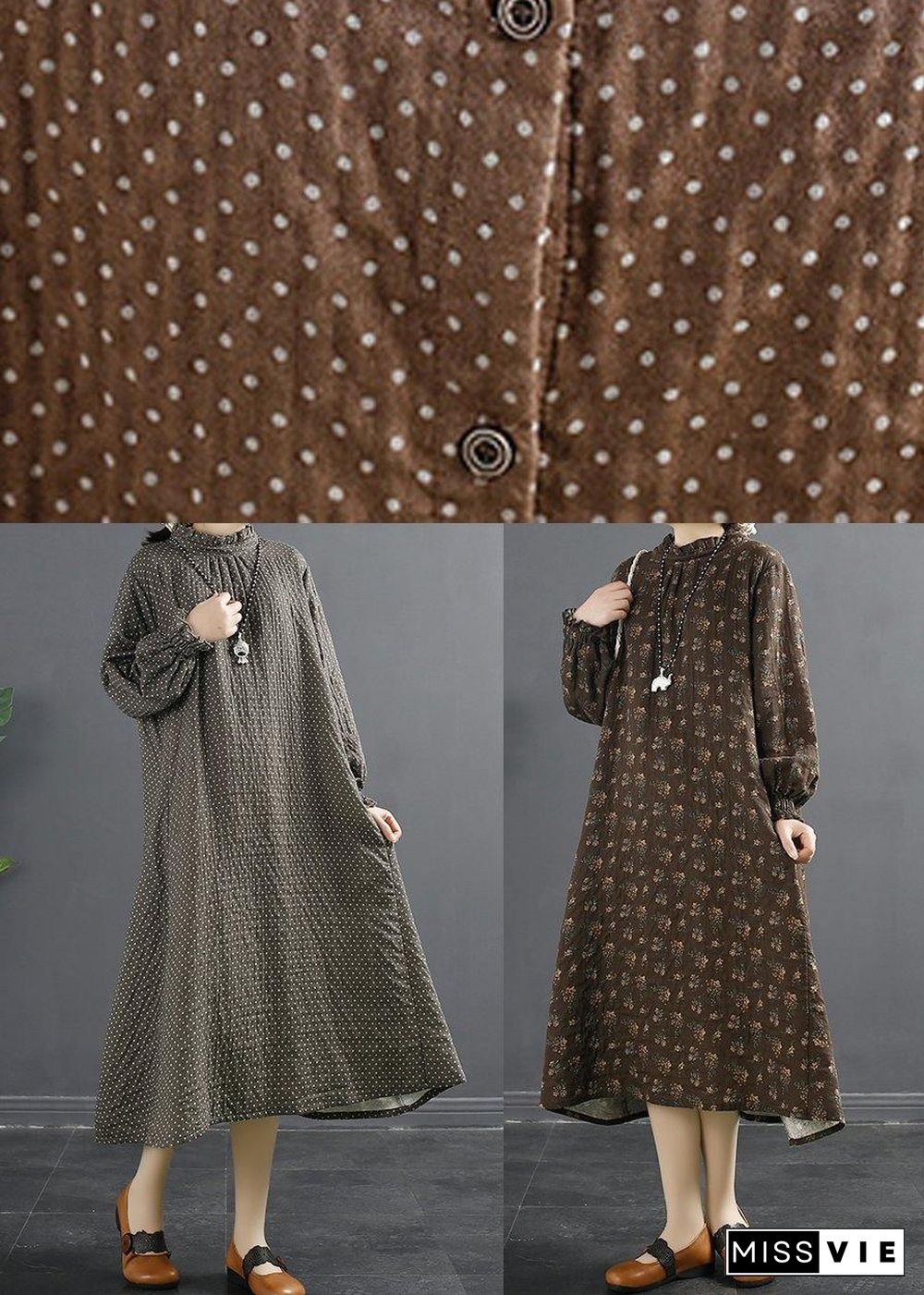 Chic Stand Collar Tunic Dress Work Outfits Chocolate Dotted Maxi Dress