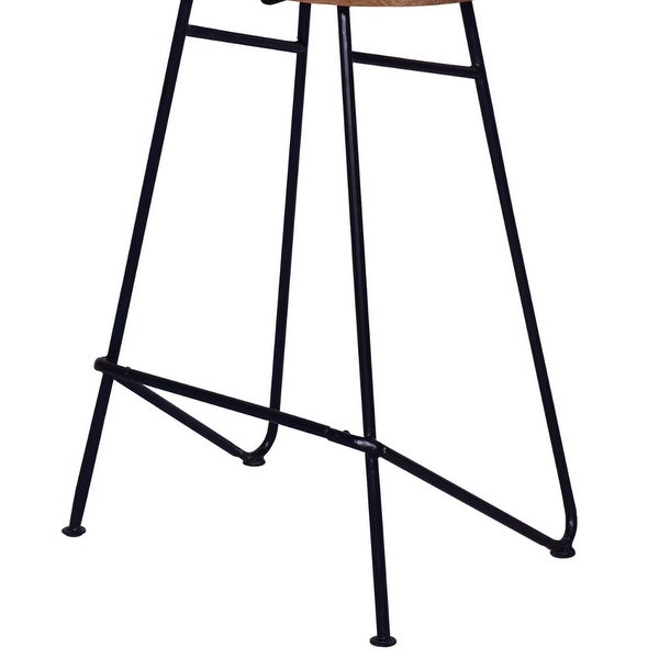 26 Inch Industrial Counter Height Stool， Contoured Mango Wood Seat， Iron， Cafe Brown， Black - Multi