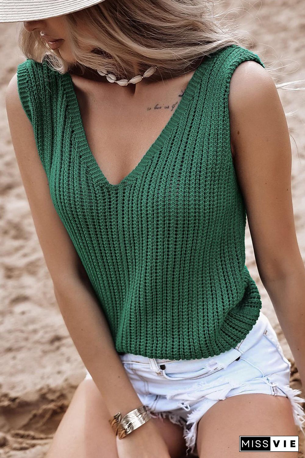 Green Hollowed Knit V Neck Tank Top