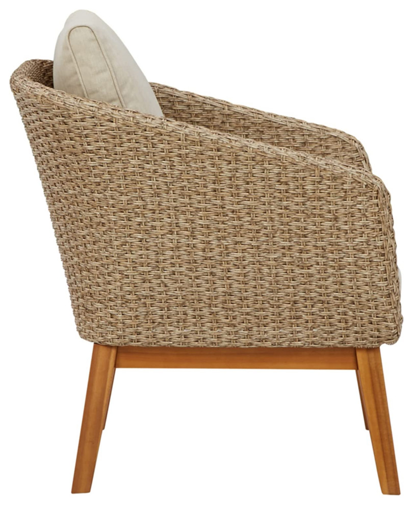 Set of 2 Outdoor Chair  Curved Wicker Back With Sloped Arms and Beige Cushions   Tropical   Outdoor Lounge Chairs   by Decor Love  Houzz