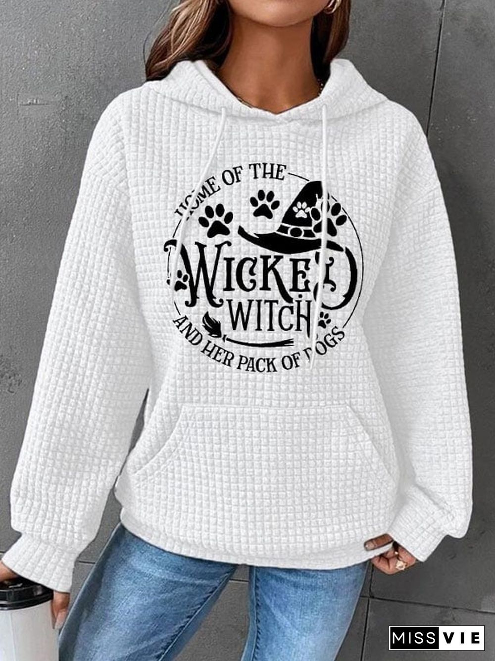 Women's Halloween Home Of The Wicked Witch And Her Pack Of Dogs Print Waffle Hoodie