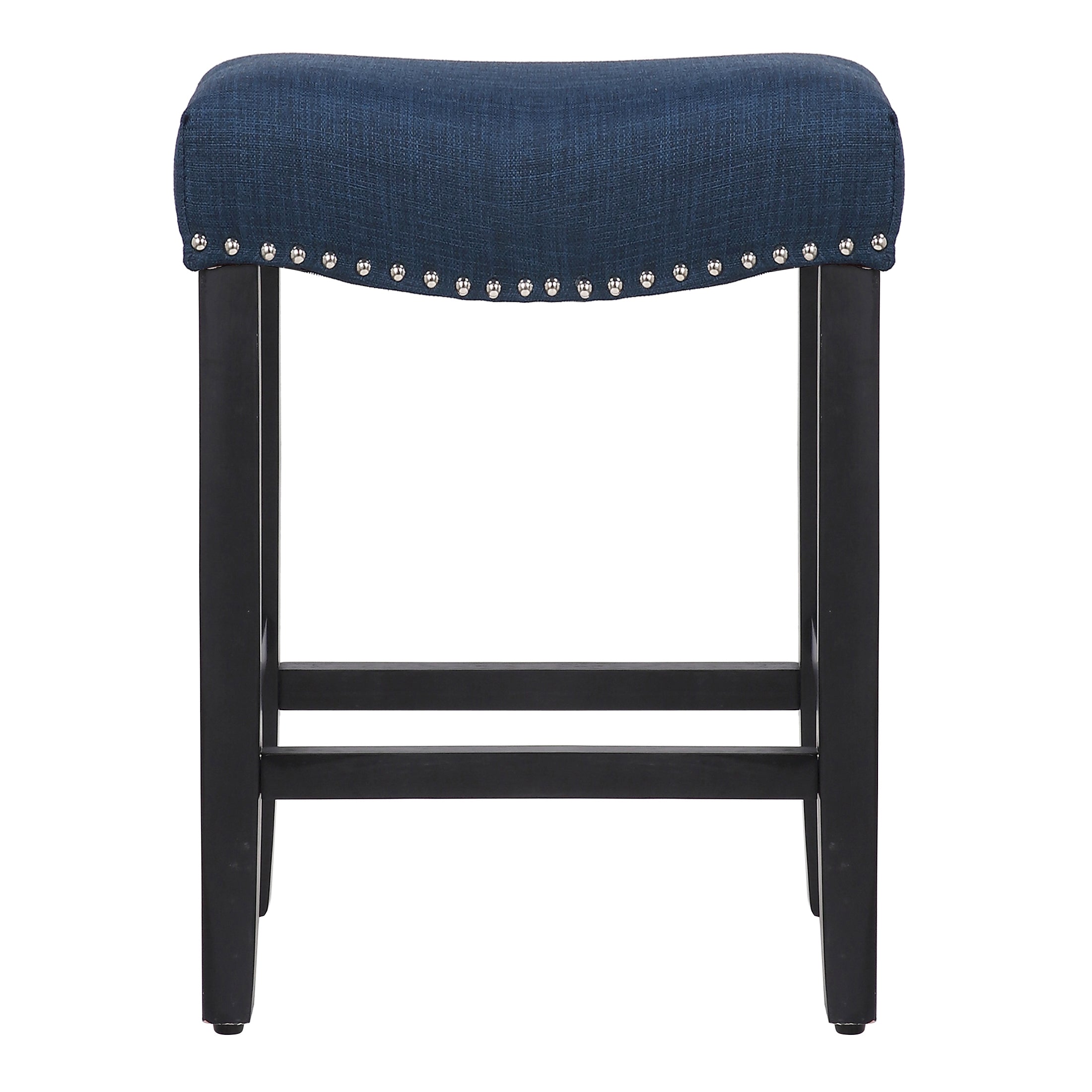 WestinTrends 24 Inch Counter Height Stools for Kitchen Counter， Modern Farmhouse Wooden Saddle Stool Chair， Linen Upholstered Cushion with Solid Wood Leg Dining Room Home Bar Decor， Navy Blue