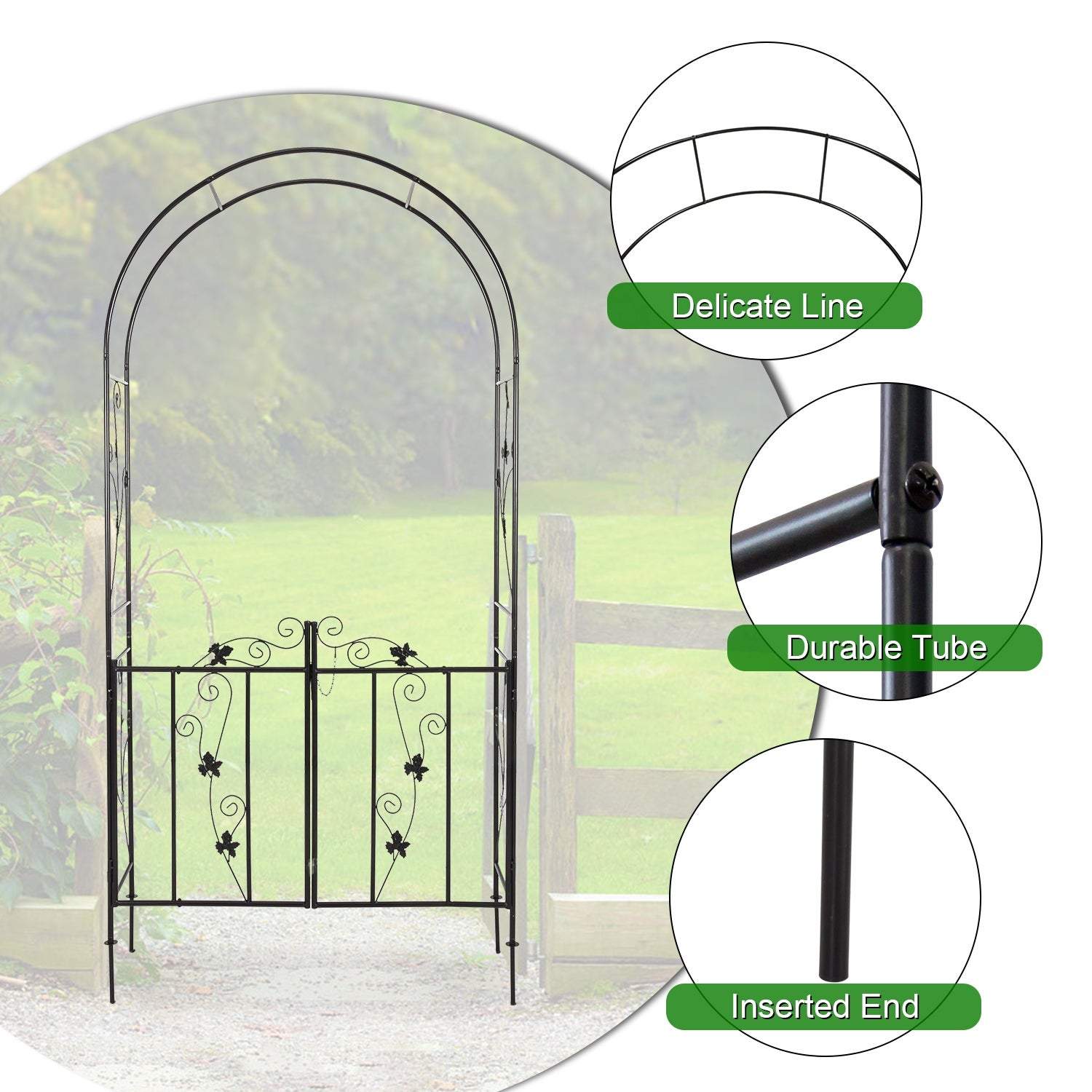 Kinbor Outdoor Garden Arbor, Steel Arch Arbor w/ Scrollwork, Wedding Metal Arch w/ Gate for Climbing Plants, 8 H x 3.6 W