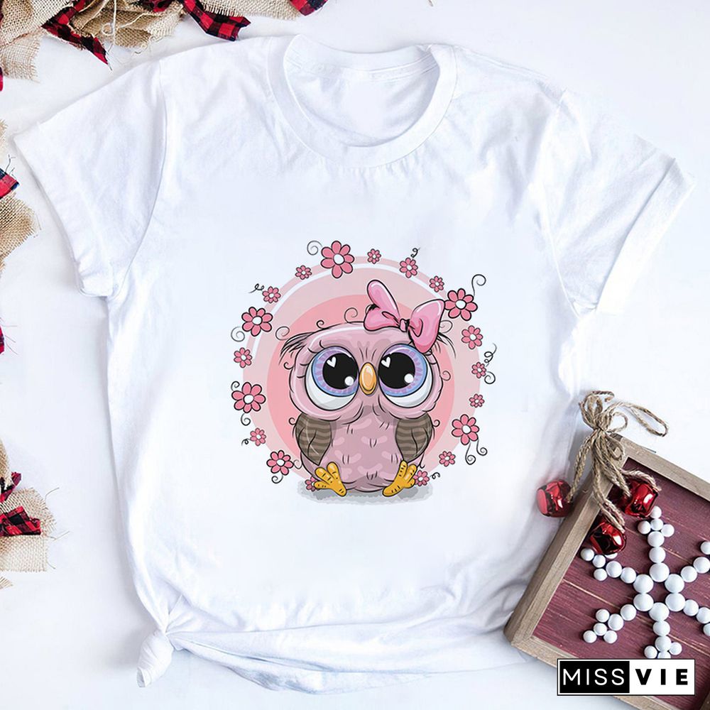 Gothic Women Cute Owl Printed T-Shirt All Seasons Fashion Thin Short Sleeve Tees Harajuku Casual Pink Top Female Clothing Tshirt