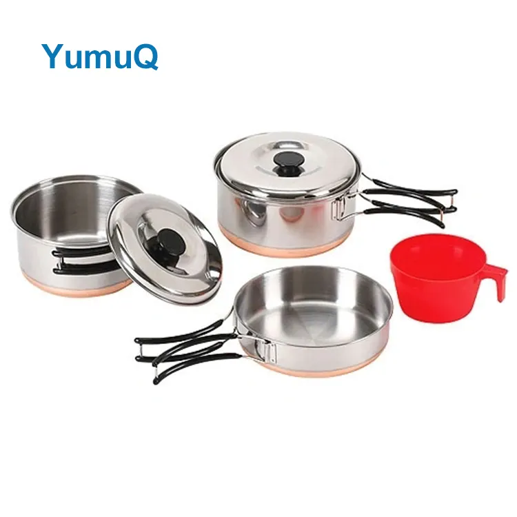 YumuQ 4 Pieces Customized Logo Stainless Steel Camping Cookware Set For Outdoor Hiking Cooking