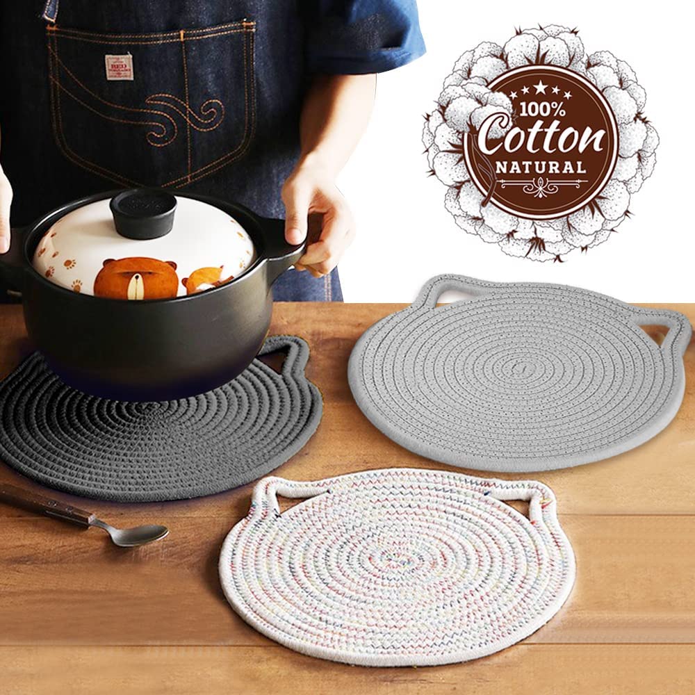 YOWELL 12 Cotton Trivets Set， 3Pcs Cute Cat Ear Large Pot Holders Woven Hot Pads Mats Thick Heat Resistant for Hot Pots and Pans Round Hot Plate Holder Washable Potholders Kitchen Gift