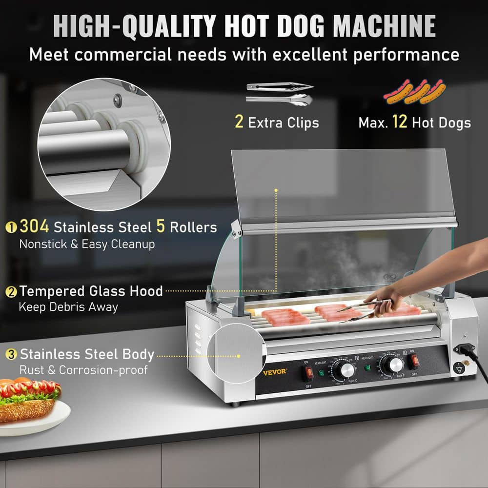 VEVOR 750 W Stainless Steel Sausage Grill Cooker Hot Dog Roller 12 Hot Dog Capacity 5-Rollers with Cover Indoor Grills,Silver GYGRGJBX5110V4NFHV1