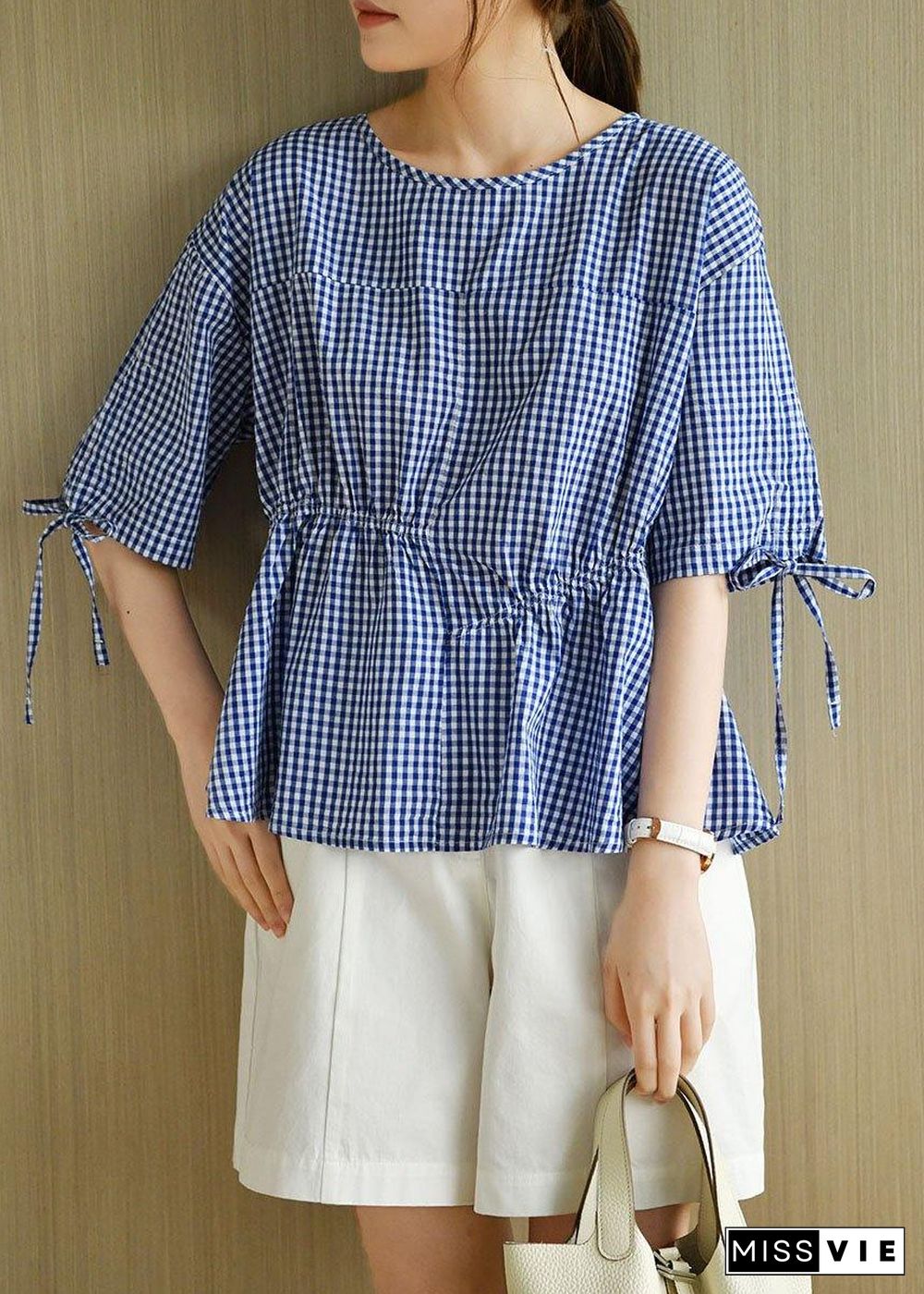 French Blue Plaid Patchwork Drawstring Summer Cotton Half Sleeve Blouse Top