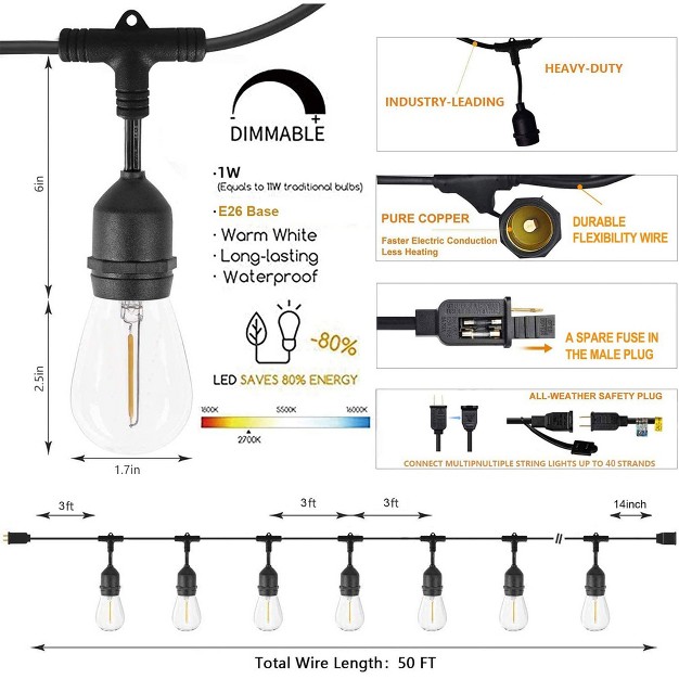 Svater Weatherproof And Shatter proof Patio Outdoor Led String Lights Includes 1 watt Antique S14 Bulbs And Dimmable Warm White