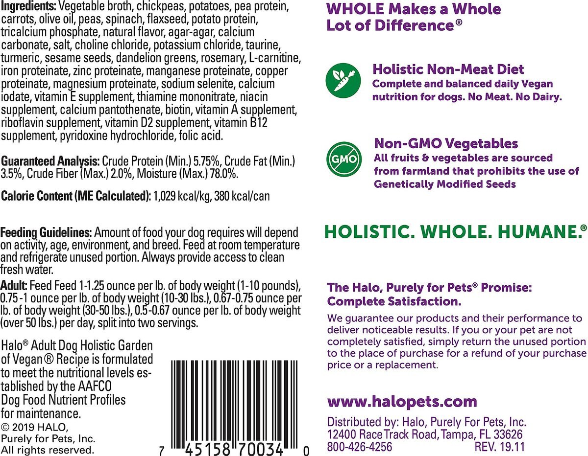 Halo Holistic Garden of Vegan Recipe Adult Canned Dog Food