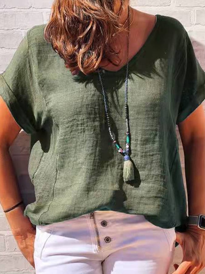 Women's Casual Solid V-neck Cotton Linen Short Sleeve T-shirt