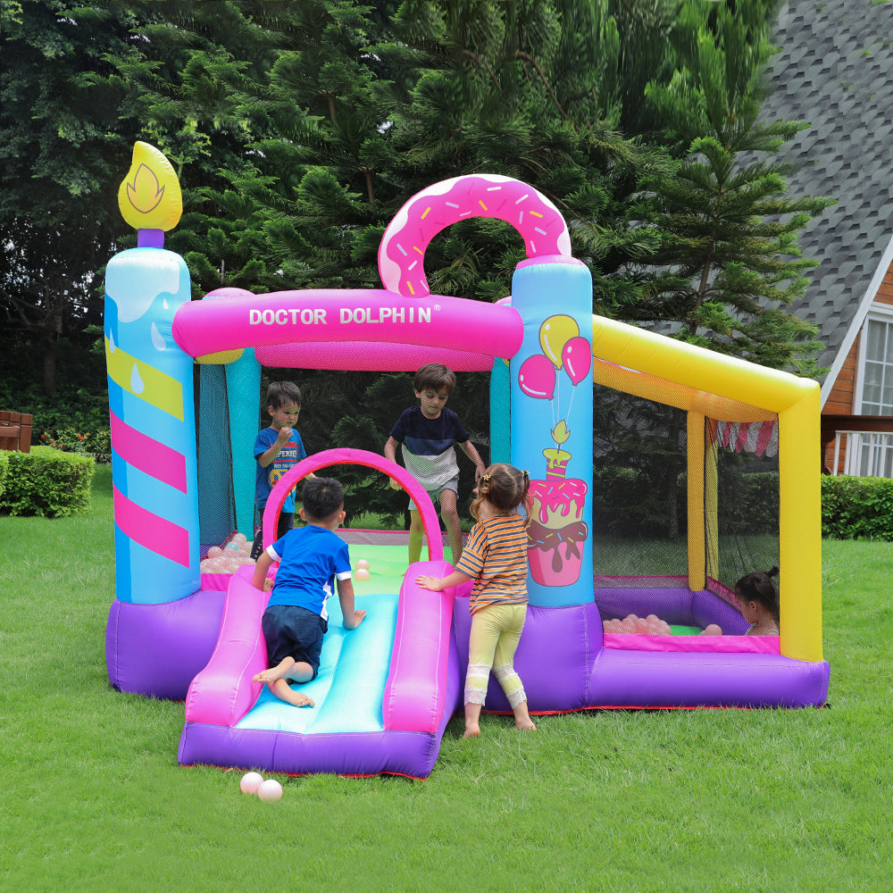 Doctor Dolphin Inflatable Slide Bouncer House Jumper Bouncing House Jumping Castle with Ball Pool Long Slide Air Blower Stakes and Storage Bag