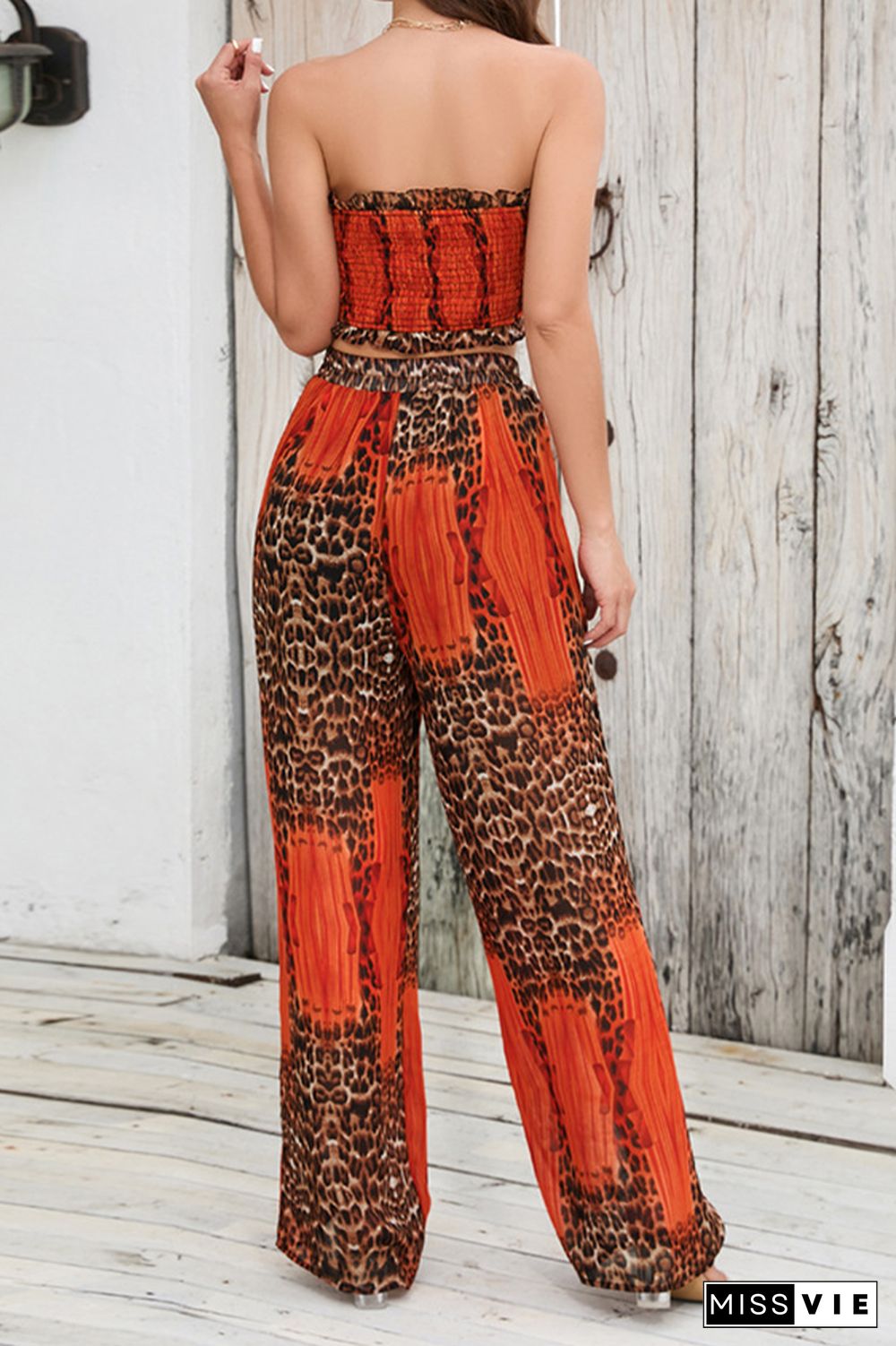 Halter Neck Tube Top and Wide Leg Pants Leopard 2PCS Set