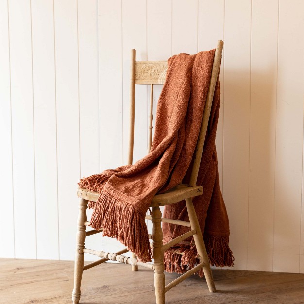 Hand Woven Rust Yarn Fringe Throw Blanket Cotton By Foreside Home amp Garden