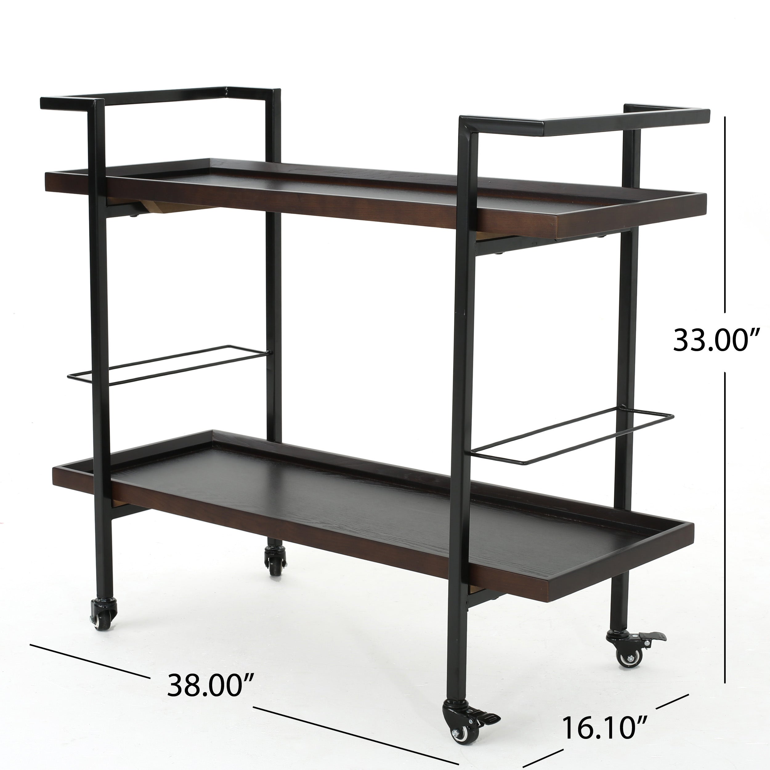 Gerard Modern Industrial Two Shelf Wood Finished Bar Cart with Rolling Casters