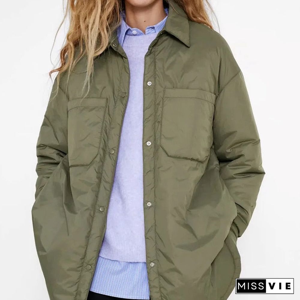 Za Women'S Jackets Oversize Parkas Thin Coats Khaki Shirt Coat Long Femme Bf Long Sleeves Big Pockets Outerwear Mujer Large Coat