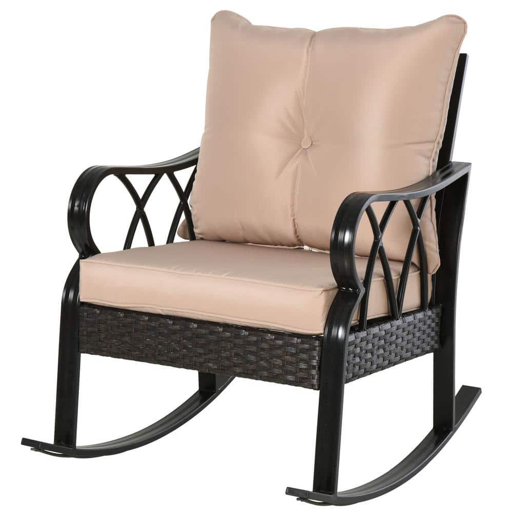 Outsunny Black Aluminum Outdoor Rocking Chair with Beige Cushion and WeatherResistant Materials