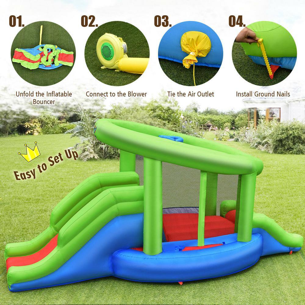 Gymax Inflatable Snail Bounce House Dual Slide Basketball Game with 480-Watt Blower GYM06910