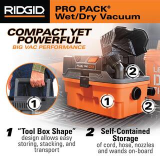 RIDGID 4.5 Gallon 5.0 Peak HP ProPack WetDry Shop Vacuum with Fine Dust Filter Expandable Hose Accessories and Two Dust Bags WD4522A