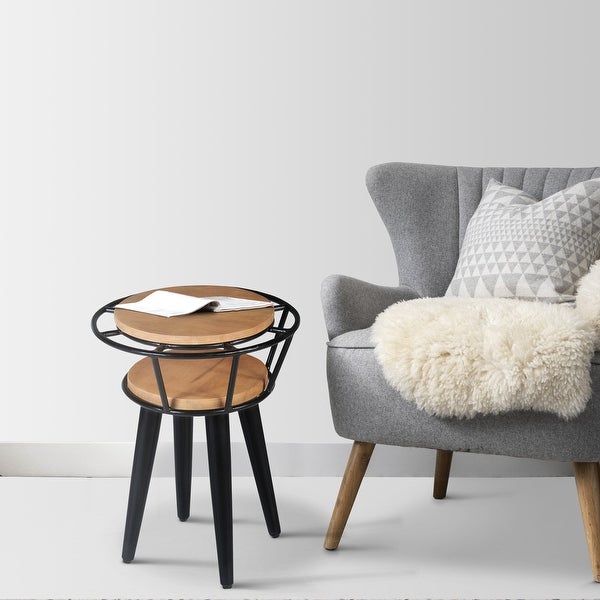 Industrial End Table with 2 Tier Round Wooden Shelving and Metal Frame， White Oak and Black