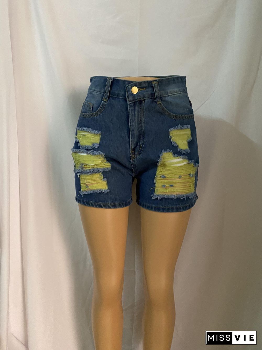 Women's Jeans Yellow Yarn Holes Shorts