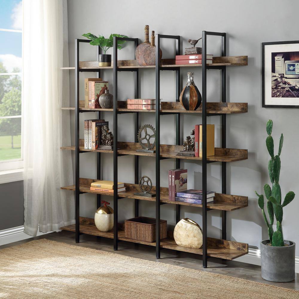 Polibi 70.87 in. H Brown Vintage Industrial Style 5-Shelf Bookcase with Metal Frame and MDF Board RS-708SSB-BN