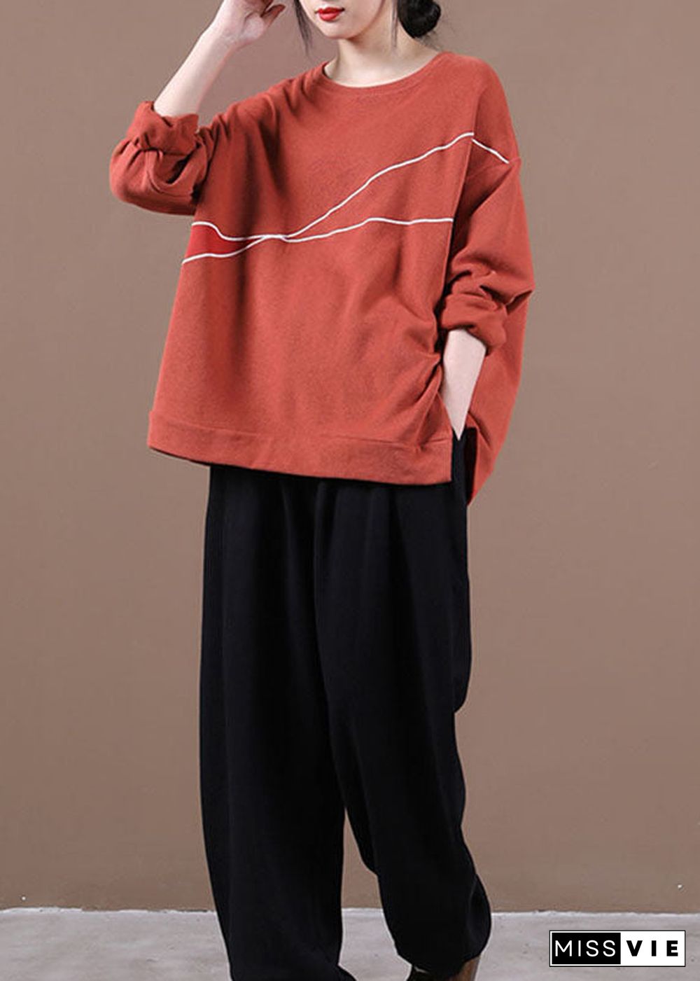 Elegant Brick Red O-Neck Embroideried Loose Fall Sweatshirt