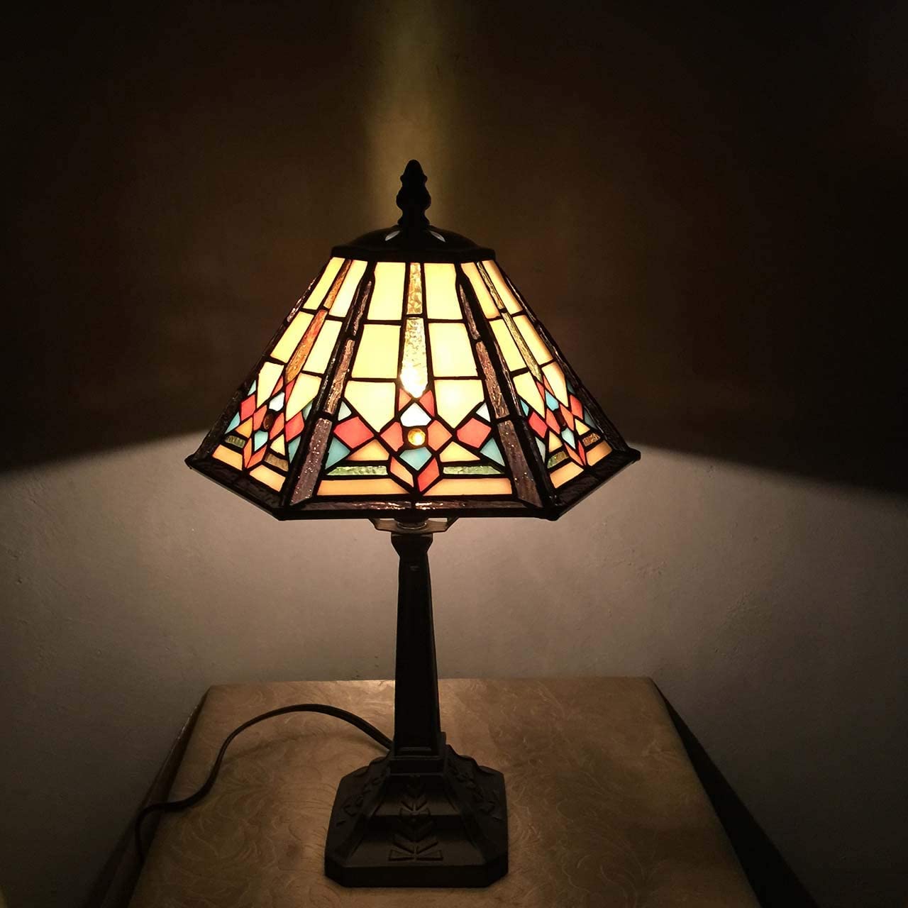 SHADY L10791 Mission Style Table Lamp Tiffany Stained Glass Night Light with Hexagonal Cone Lampshade  10&#34; W x 16&#34; H