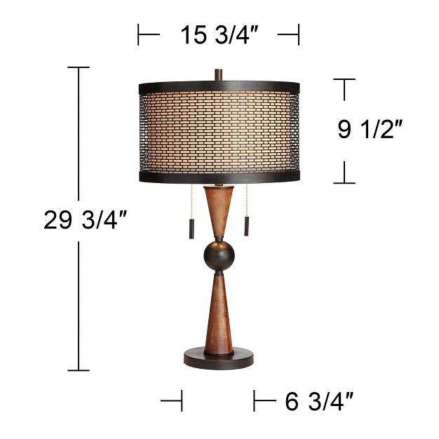 Tall Cherry Wood Bronze Metal Double Drum Shade For Bedroom Living Room House