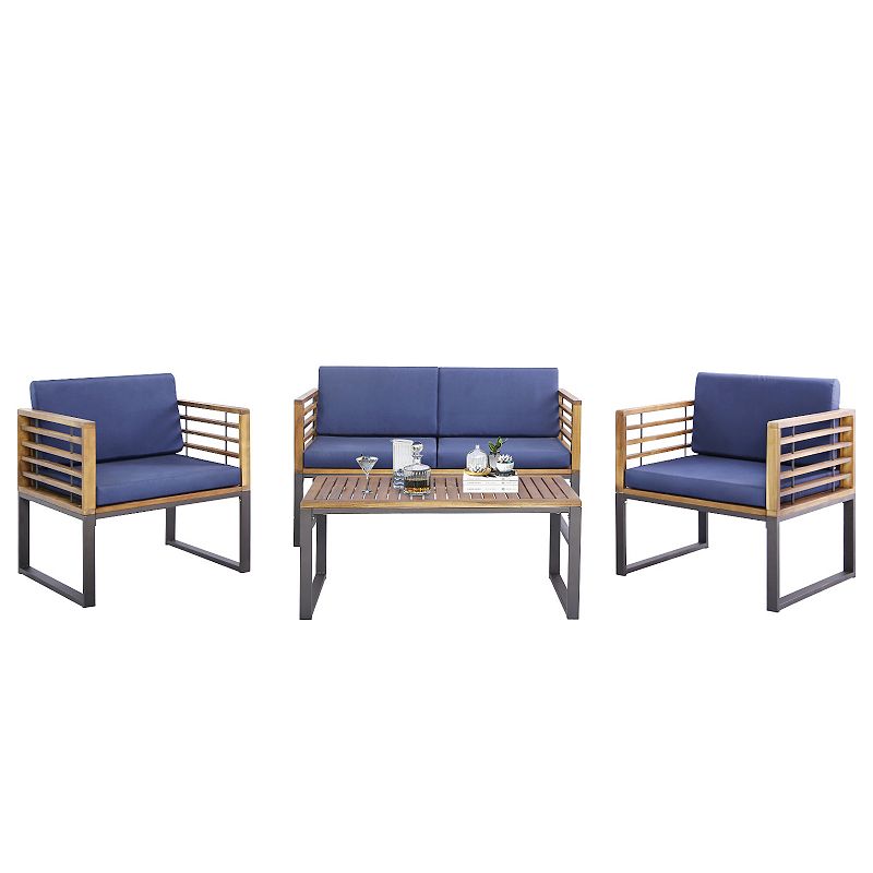 4 Piece Patio Acacia Wood Conversation Set with Soft Seat-Navy