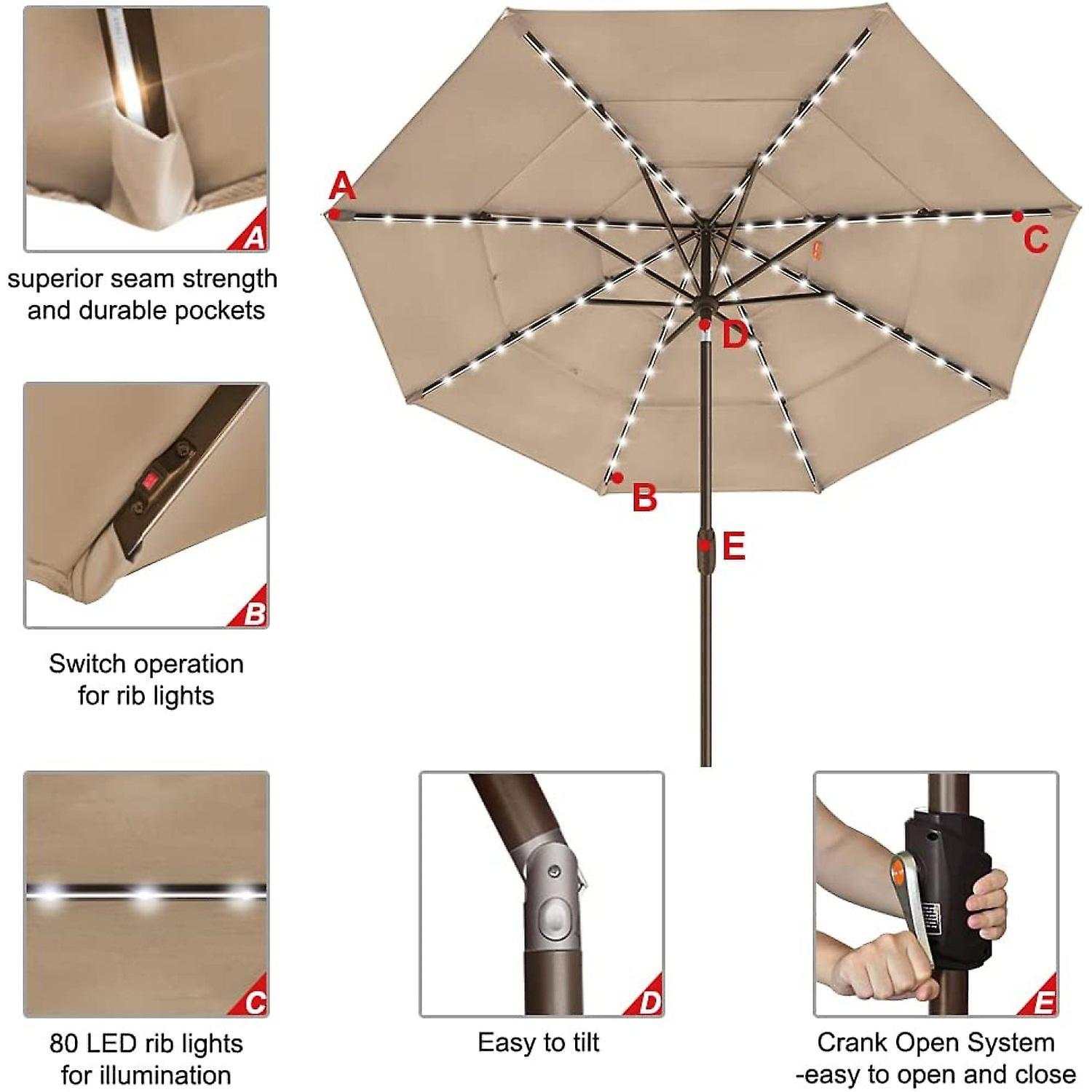 Usa 10-year-non-fading Sunumbrella Solar 9ft 3 Tiers Market Umbrella With 80 Led Lights Patio Umbrellas Outdoor Table With Ventilation，heather Beige