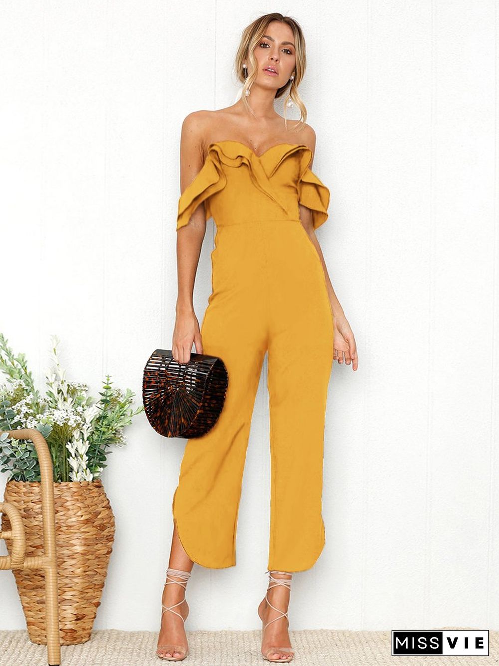 Black Sleeveless Plain Casual Off Shoulder Zip Back Jumpsuit