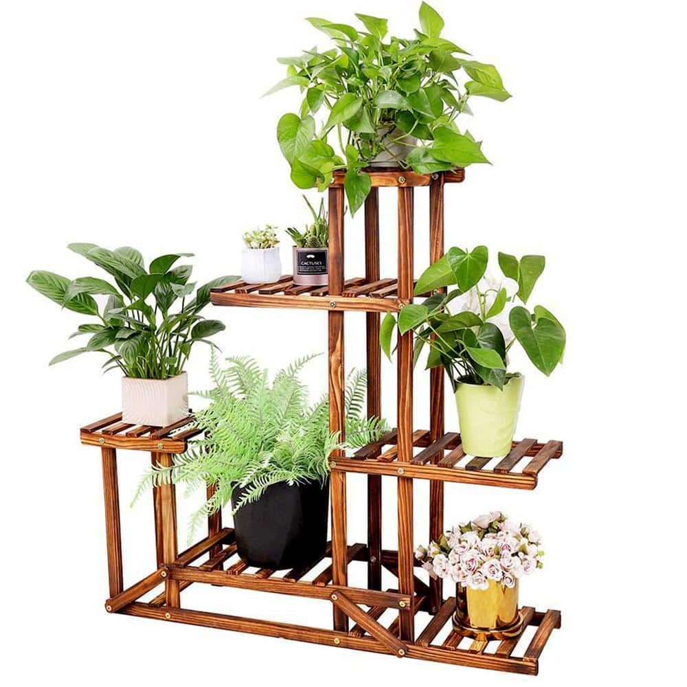 AESOME 6 Tiered Plant Stand 37.8 in. Tall Wood Large Flower Pot Holder Shelf 6 Potted Planter Display Rack for Garden Patio HJ-A