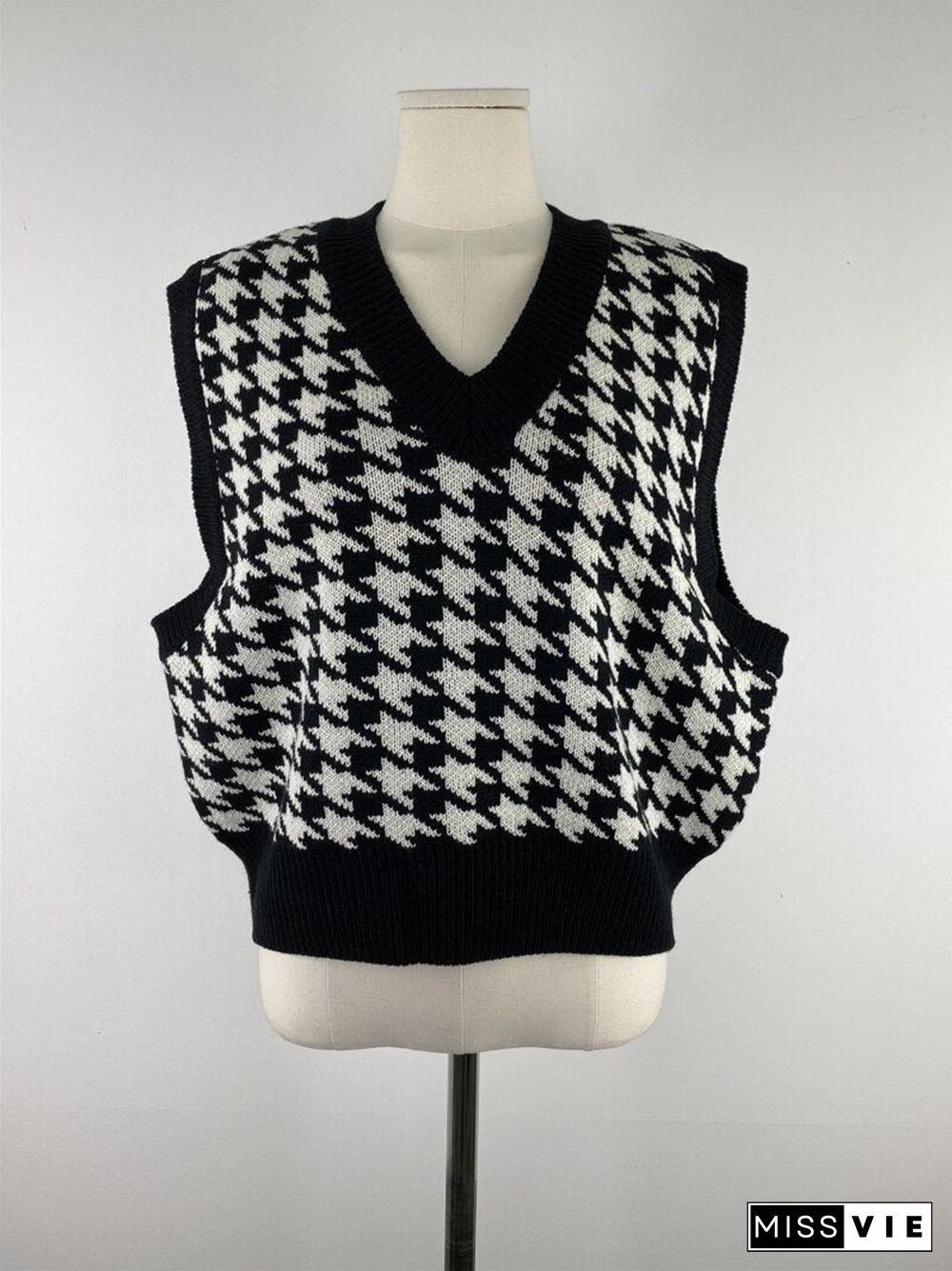 New Women'S Knit Vest Fall Winter Retro Casual Loose V-Neck Sleeveless For Female Classic Houndstooth Pattern Waistcoat Sweater