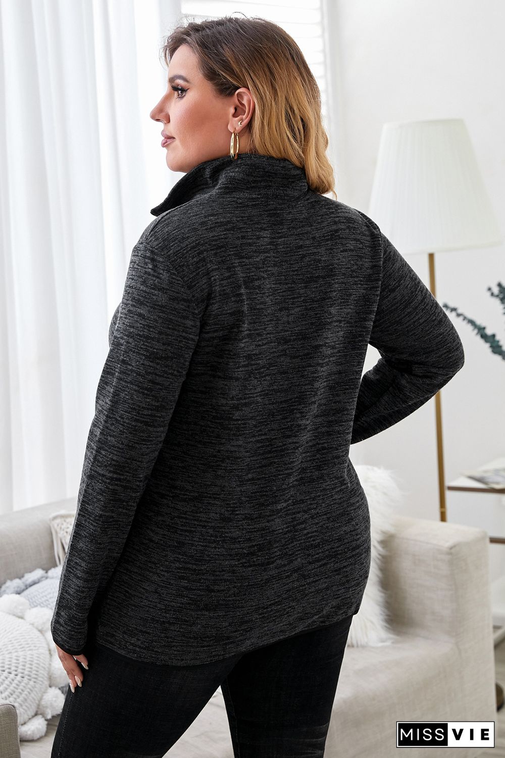 Black Heathered Turn-down Zip Collar Plus Size Sweatshirt