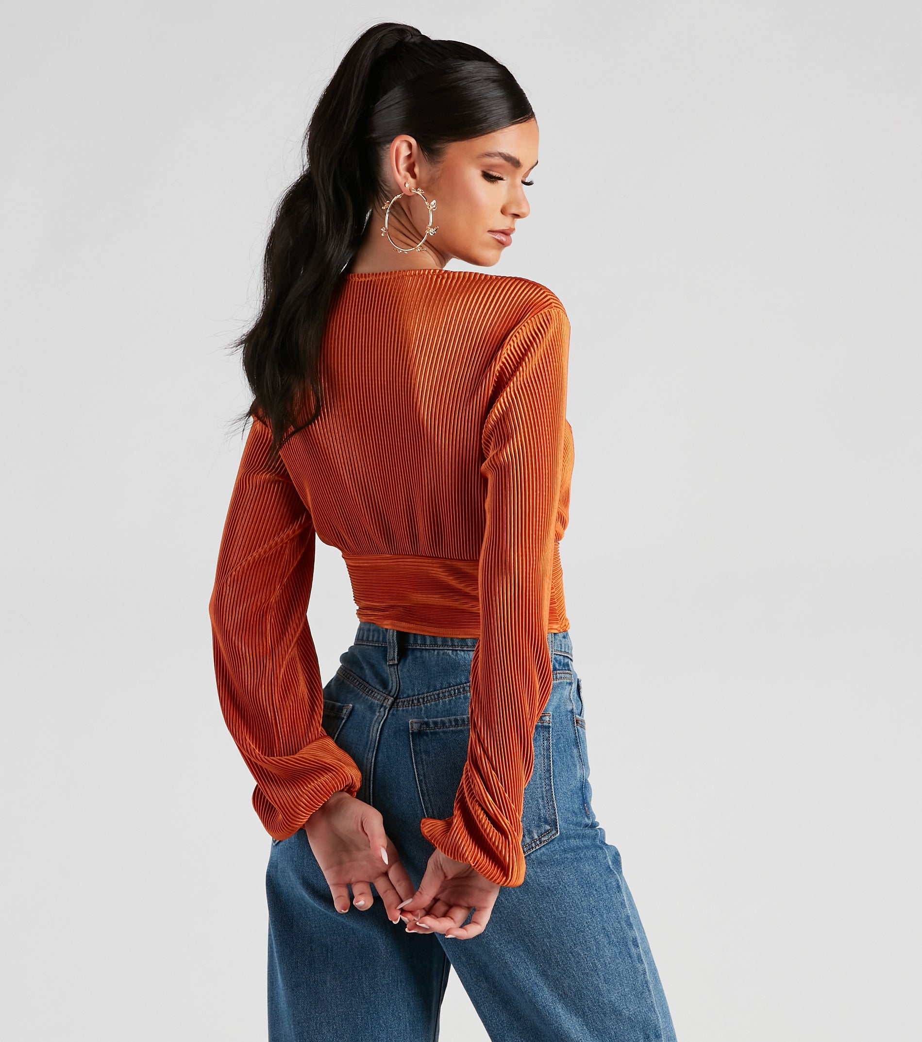 Posh And Pleated Long Sleeve Crop Top