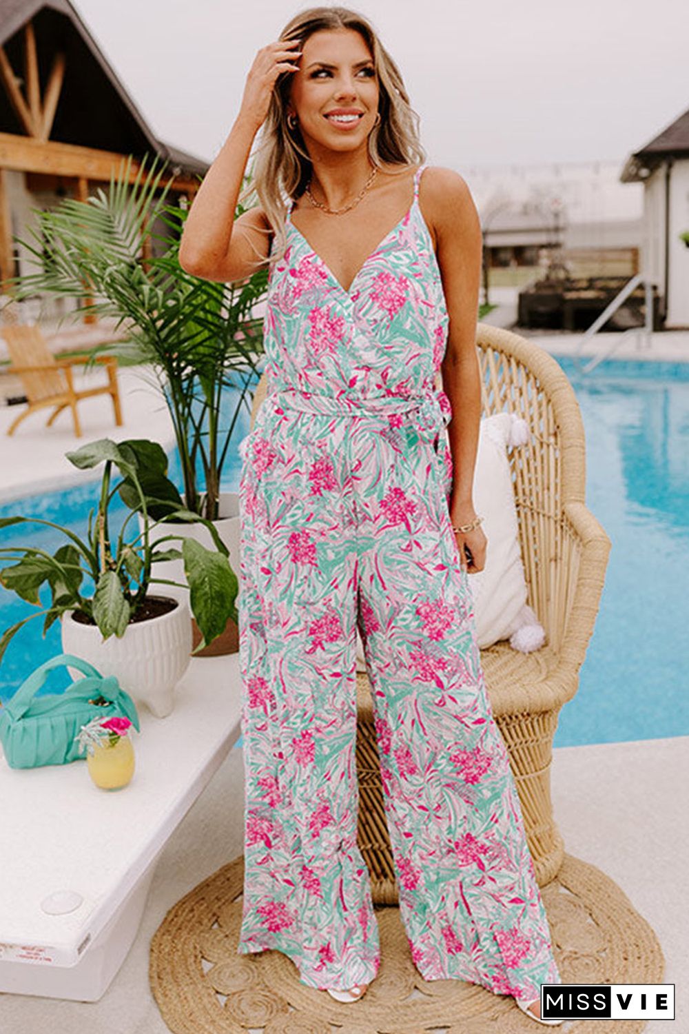 Sky Blue Floral Print Knotted High Waist Sleeveless Jumpsuit