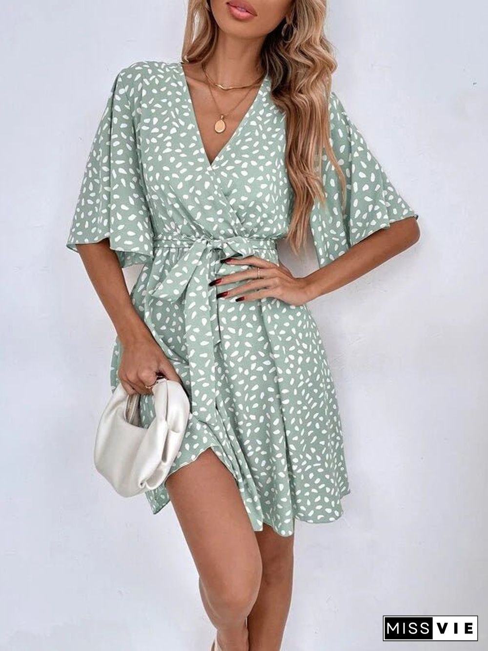 Women'S Dresses V-Neck Print Belted Short Sleeve Dress